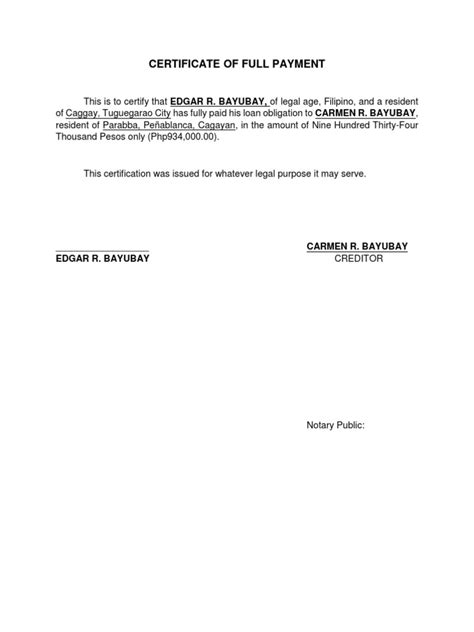 cap certificate of full payment